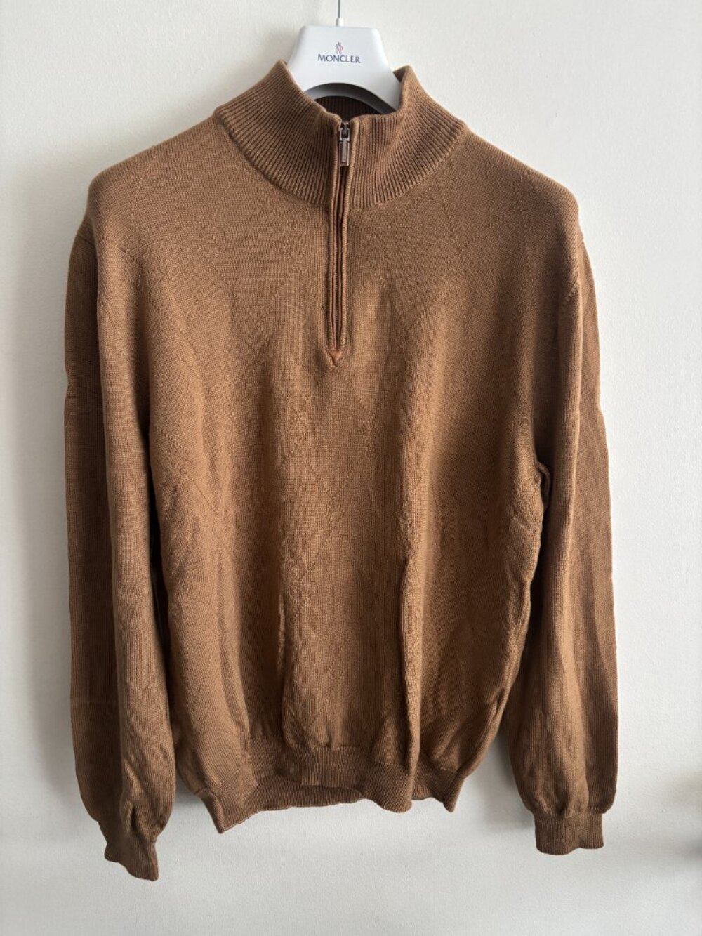 $950 Ermenegildo Zegna Brown Argyle Wool Quarter Zip Sweater - XL